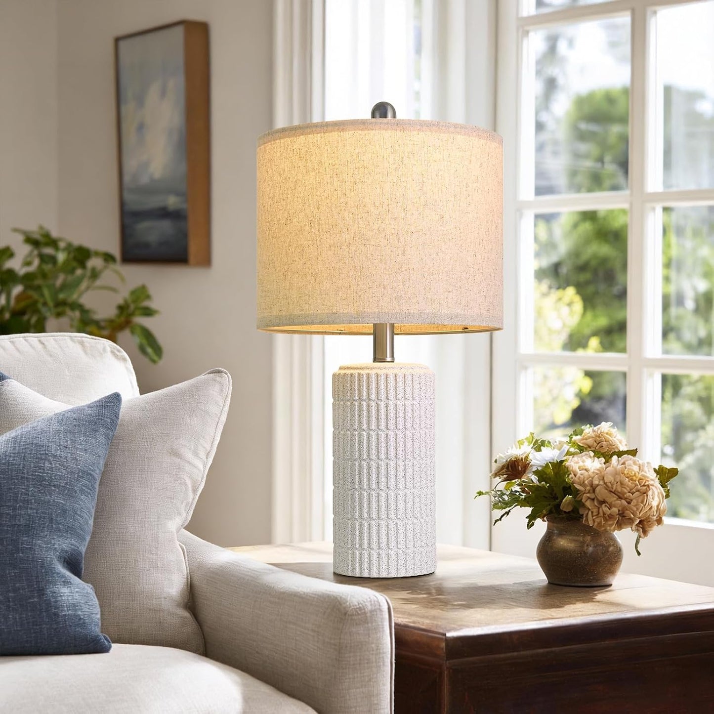 PoKat 20.75" Small Modern Ceramic Table Lamps Set of 2 for Bedroom, White Bedside Lamps for Night Stands, Farmhouse Desk Home Decor Gift Nightstand Table Lamps for Living Room End Table Beige