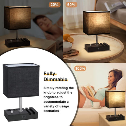 Kakanuo Fully Dimmable Nightstand Lamp for Bedroom with USB C Ports, Grey Small Bedside Table Lamp with Charging Outlets and Phone Stands, Wooden Desk Lamp for Living Room, LED Bulb Included