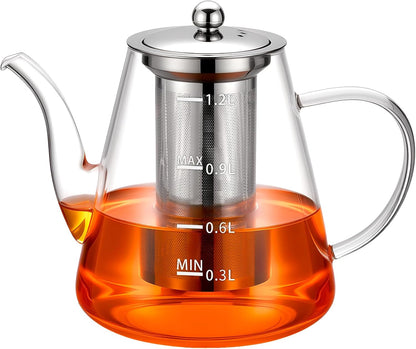 PARACITY Glass Teapot Stovetop 40 OZ/1200ml, Borosilicate Clear Tea Kettle with Removable 18/8 Stainless Steel Infuser, Teapot Blooming and Loose Leaf Tea Maker Tea Brewer for Camping, Travel