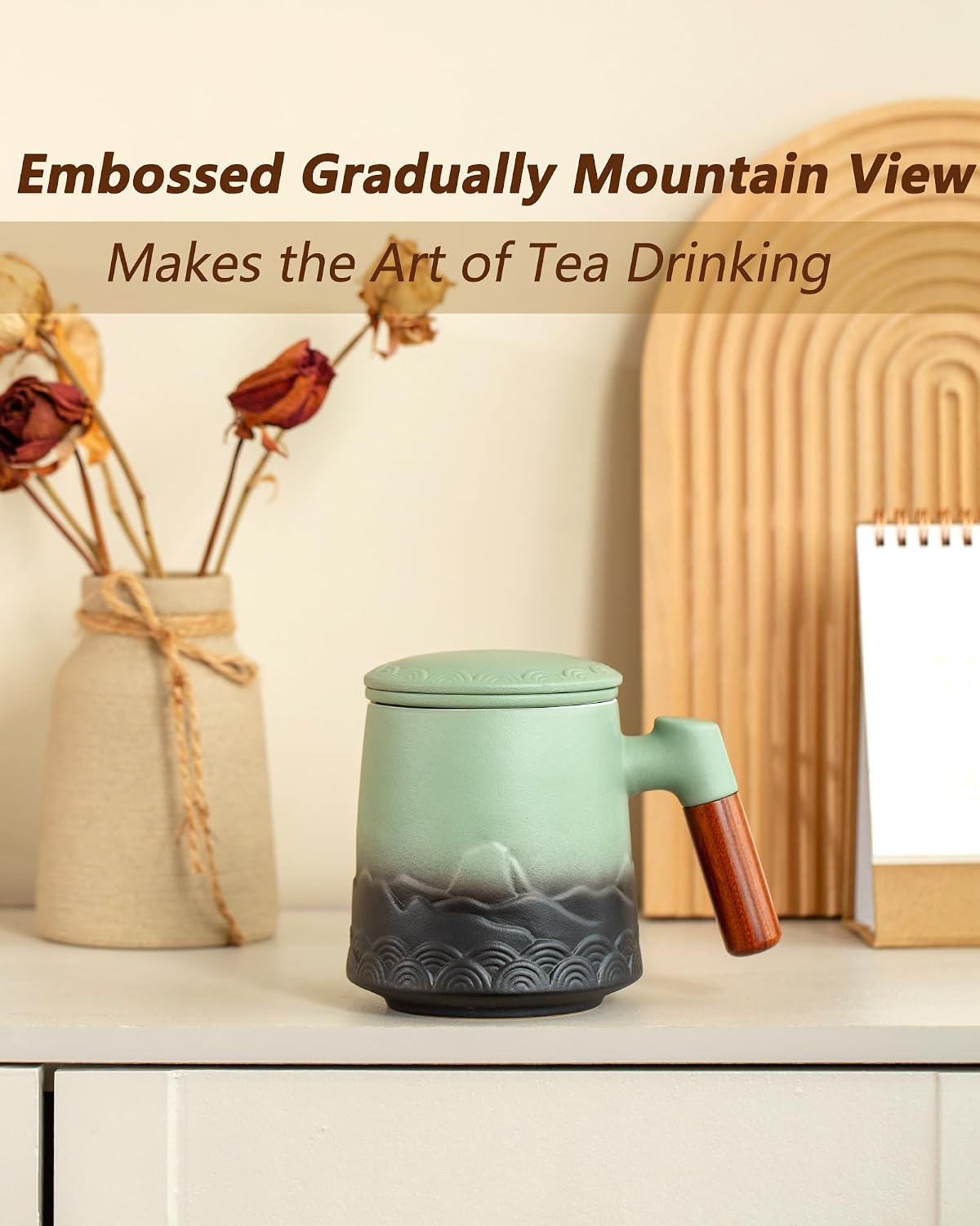 ZENS Embossed Ceramic Tea Mug with Infuser and Lid, 14.5 oz Wooden Handle, Loose Leaf Tea Steeper Cup & Strainer for Tea Lovers Gifts
