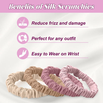4Pcs Mulberry Silk Scrunchies Set, Silk Hair Ties Elastic for Women, Skinny Scrunchies Reduces Breakage for All Hair Types