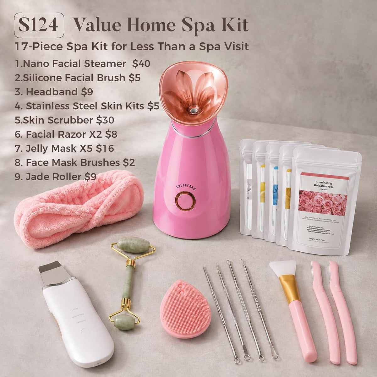 Colorfarm Facial Steamer Spa Kit with 17 Skin Care Tools for Home Spa