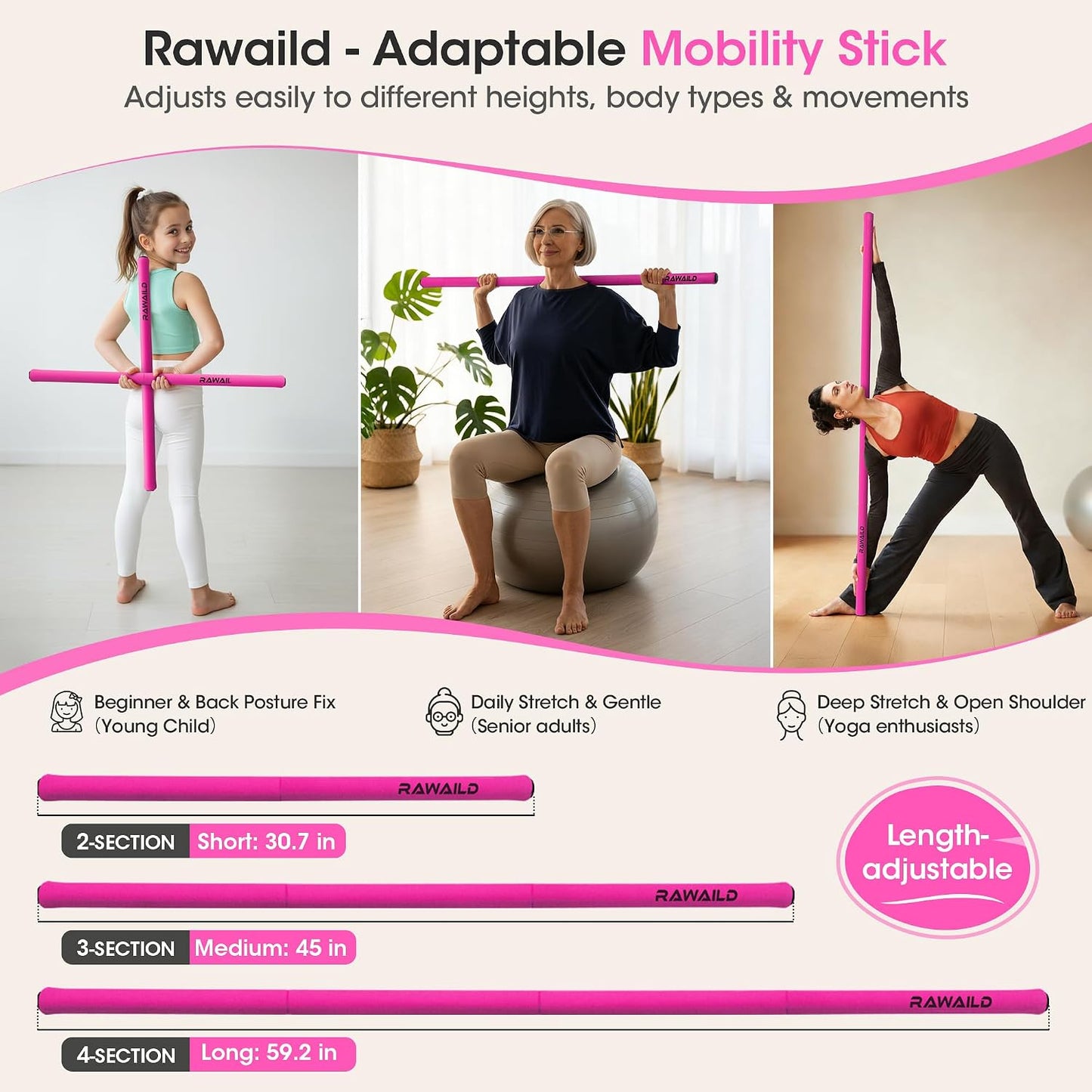 Yoga Stick, Upgraded 5ft Sturdy Steel Mobility Stick, Adjustable Exercise Equipment for Stretching, Flexibility & Balance, Physical Therapy & Posture Correction, Shoulder & Back Relaxation