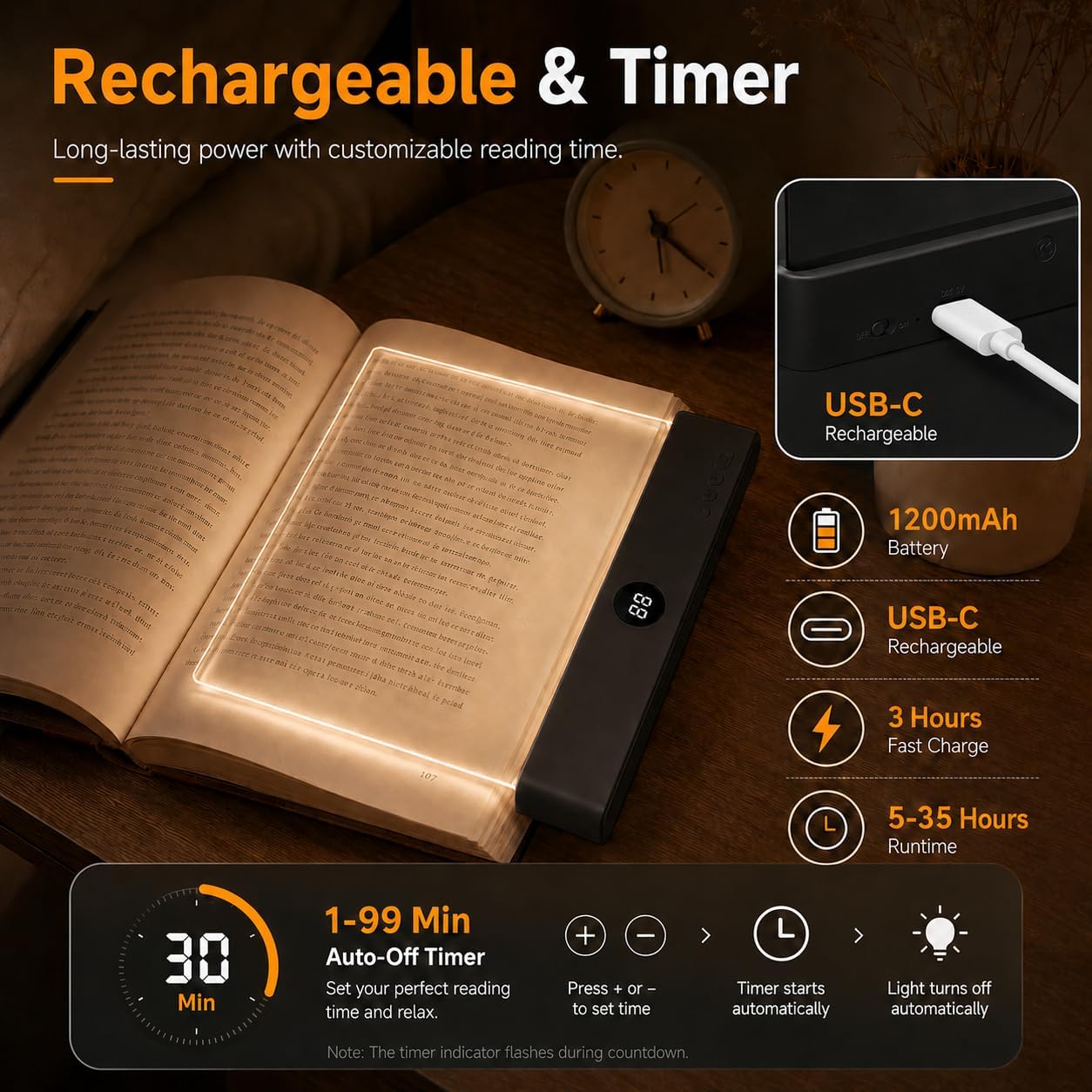 Smart 2 in 1 LED Book Light & Night Light, with 3 Colors, Stepless Dimming