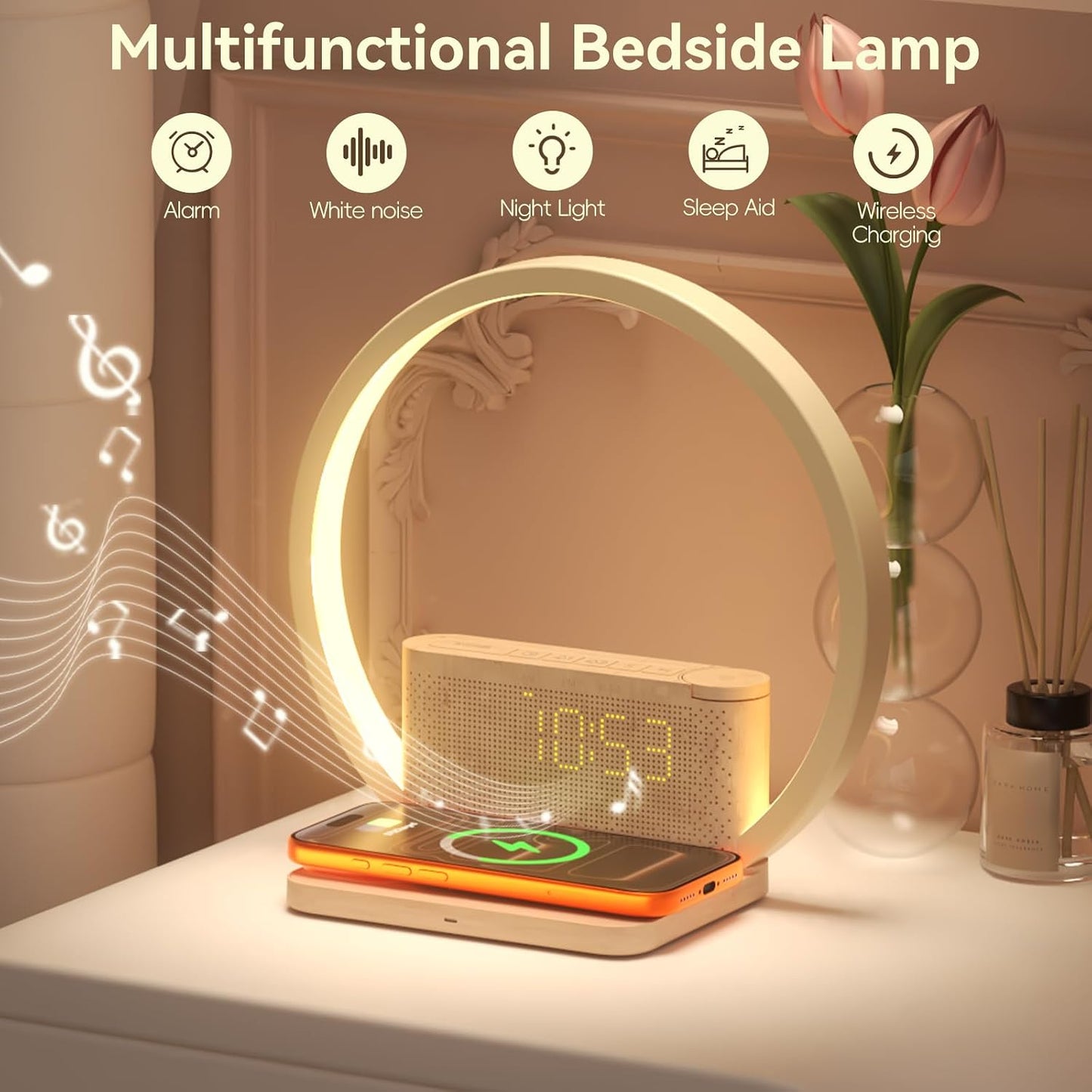 Vivilumens Sunrise Alarm Clock Wireless Charger, 10 White Noise Sound Machine Alarm Clock with 30/60/90 Mins Timer, 3 Levels Touch Night Light Dual Clocks for Heavy Sleeper Bedroom Decor Gift for Her