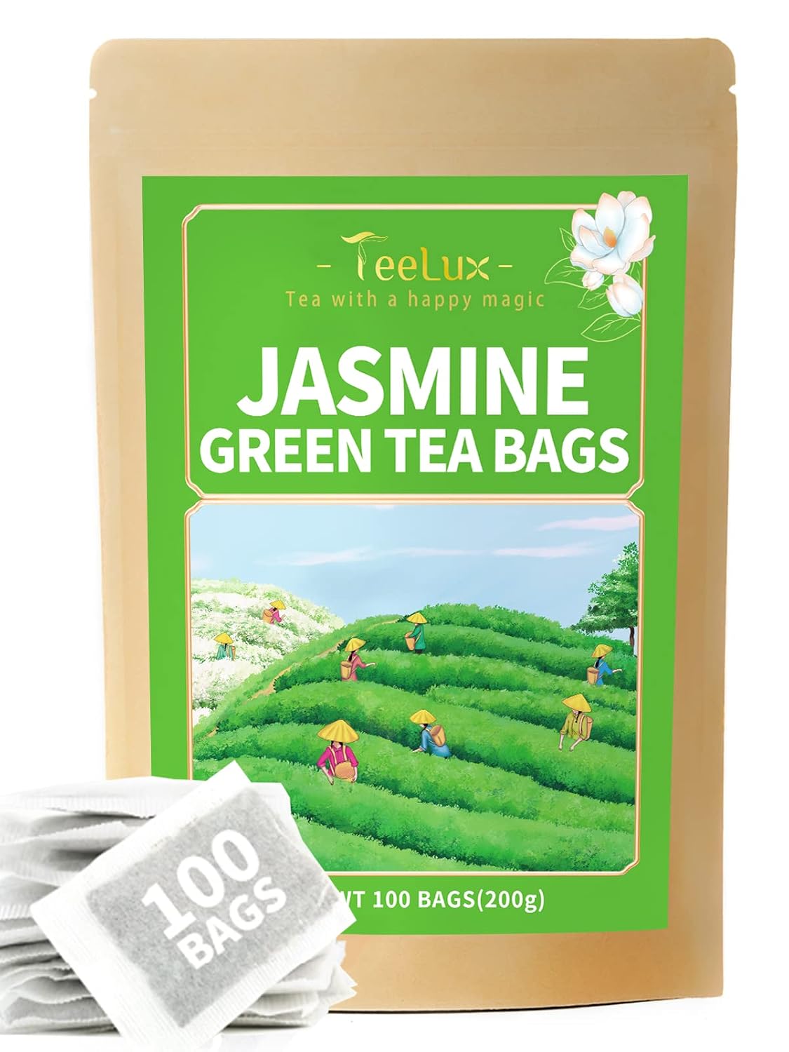 TeeLux Jasmine Green Tea Bags, Smooth Taste & Delicate Floral Aroma, 100 ct