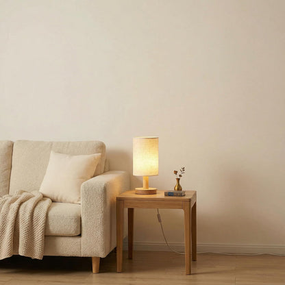 Touch Bedside Table Lamp - Stepless Dimming USB Powered, Minimalist Wood Base Linen Shade, 2700K Warm Light for Bedroom Nightstand Nursery Dorm Small Spaces, 5W LED 50K Hrs (No Bulb Replacement)
