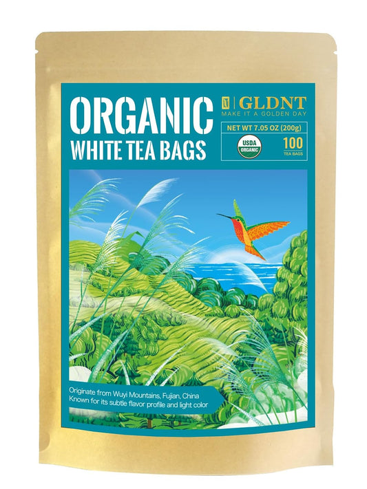 GLDNT Organic White Tea Bags, Mellow & Delicate Taste, Caffeinated, 100ct