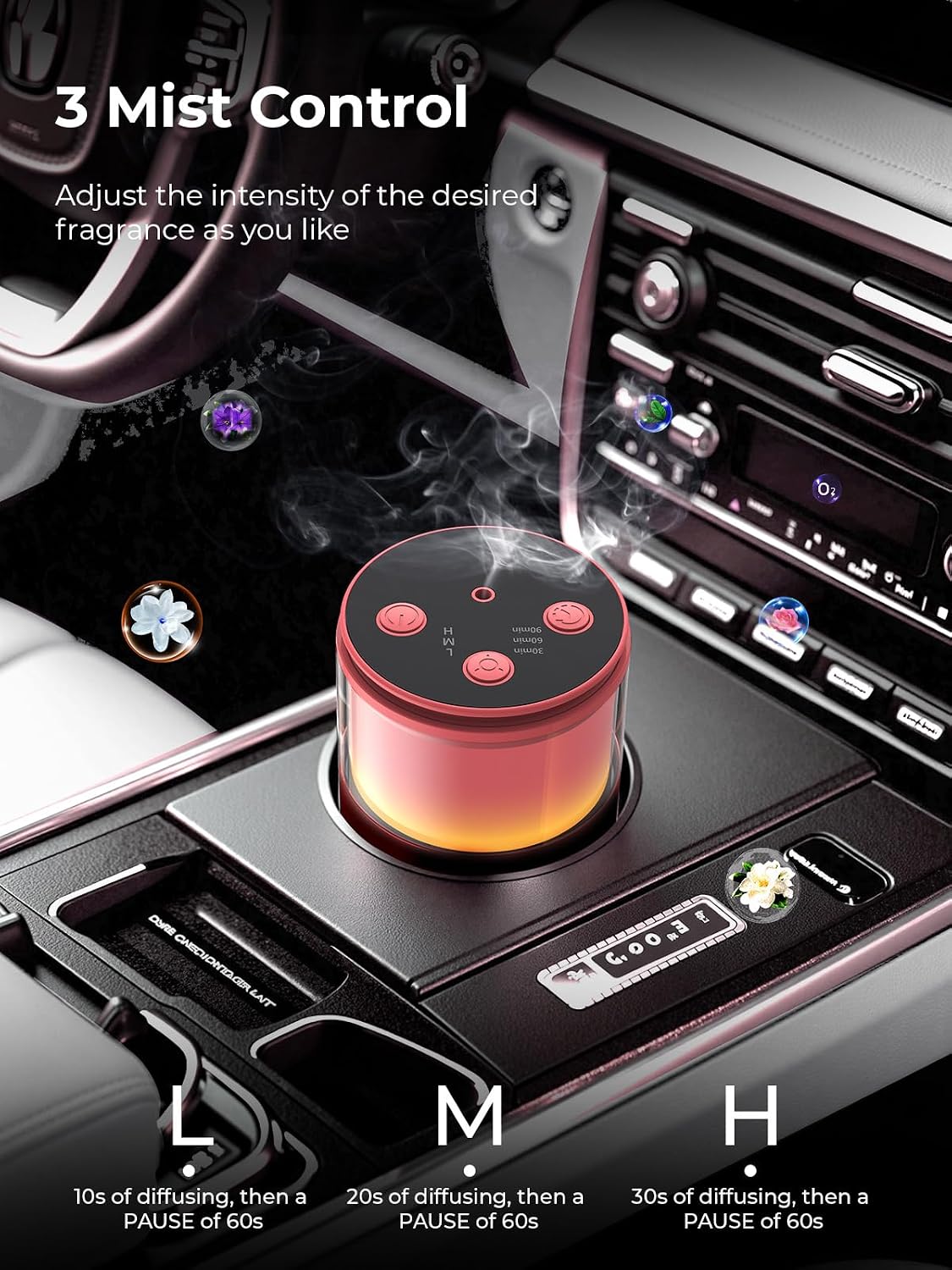 Waterless Essential Oil Diffuser: 𝟗 𝐂𝐨𝐥𝐨𝐫𝐬 𝐋𝐄𝐃 Scent Diffuser for Home&Car&Office - Portable Diffuser with 48H Battery, 4 Timers & 3 Mist Levels, Carbon Black