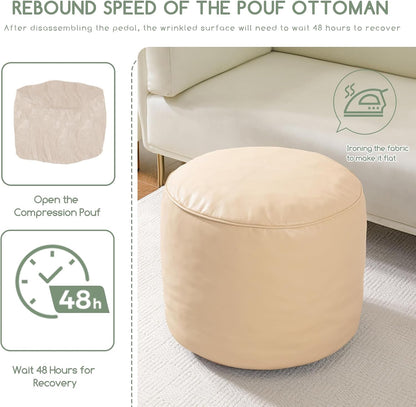 HIGOGOGO Round Stuffed Pouf Ottoman, Pu Leather Poufs with Foam Chunk Filling, Furry and Fluffy Pouf Foot Stool Storage Ottoman, 20 X 15 Floor Poufs Foot Rest for Living Room,Dark Brown