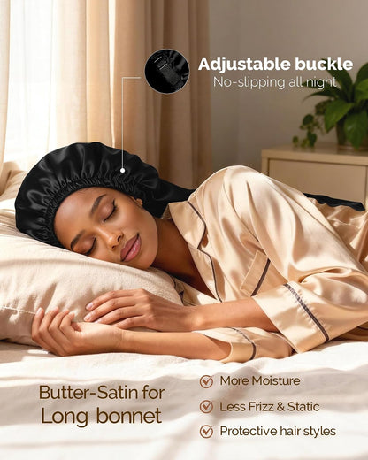 YANIBEST Satin Sleep Bonnet for Natural Hair - Extra Double Layer Long Adjustable Silk Hair Bonnet for Braids, Locs, Curls - Women’s Night Hair Protection Cap