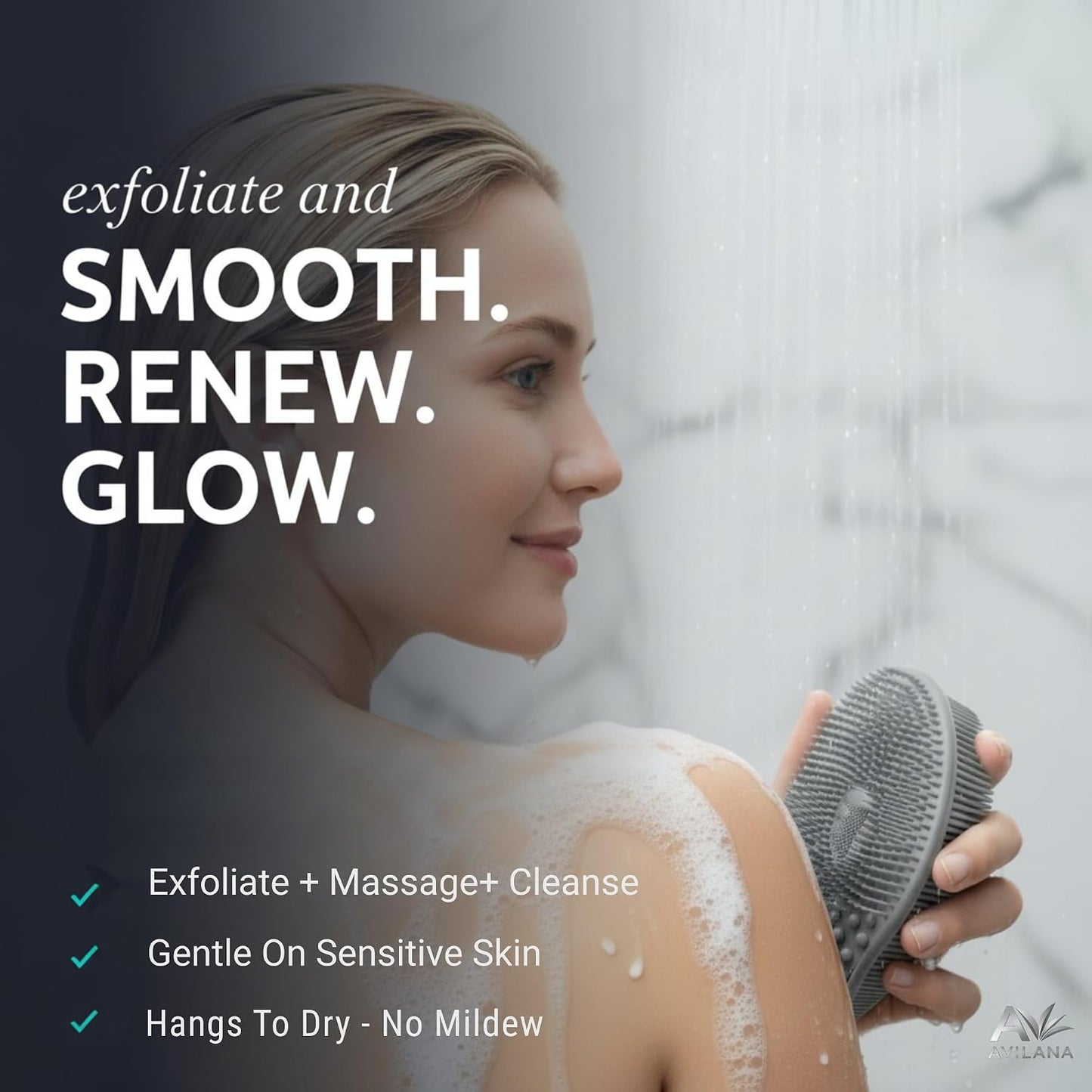 Avilana Premium Silicone Body Scrubber - Trusted Since 2017 - SGS Certified Food Grade Dual Sided Bath Brush, Quick-Dry Exfoliating Loofah Alternative, Massage Brush Sensitive Skin Women Men