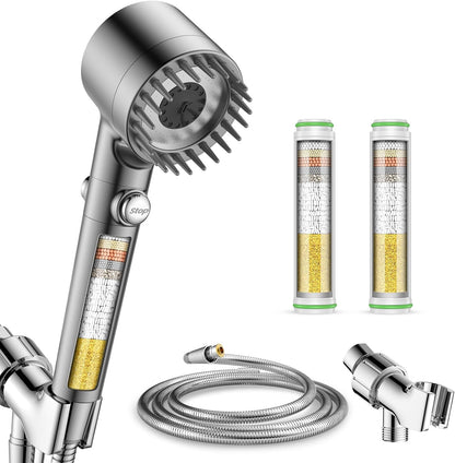 Filtered Shower Head with Handheld with 4PCS Filters, High Pressure 4 Spray Modes Shower heads with Filter, IronDrops Water Softener Filter for Hard Water 70" Hose (Chrome)