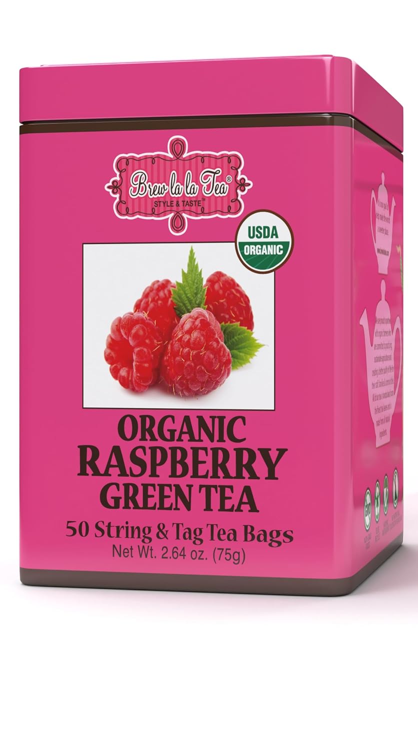 Brew La La Organic Green Tea - Natural Raspberry Flavor - 50 Double Chambered Bags - Low Caffeine Gourmet Tea - Certified Organic - Gluten Free
