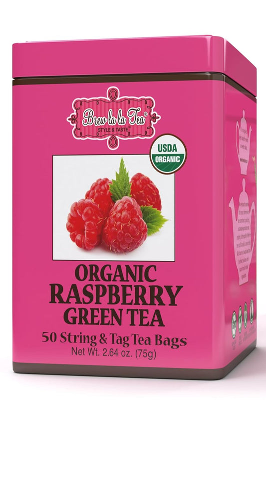 Brew La La Organic Green Tea - Natural Raspberry Flavor - 50 Double Chambered Bags - Low Caffeine Gourmet Tea - Certified Organic - Gluten Free