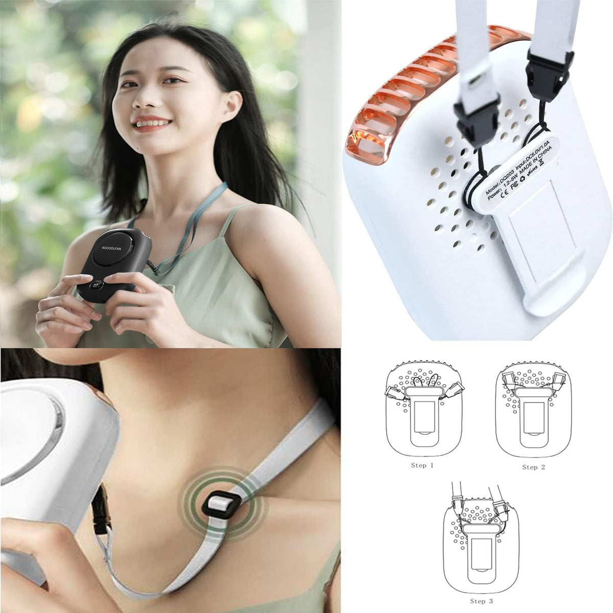 AOCOOLFAN Portable Neck Fan, Mini Small Personal Handheld Fan USB Rechargeable 3 Speed for Girls Boys Woman Eyelash Travel Home Office Outdoor (White)