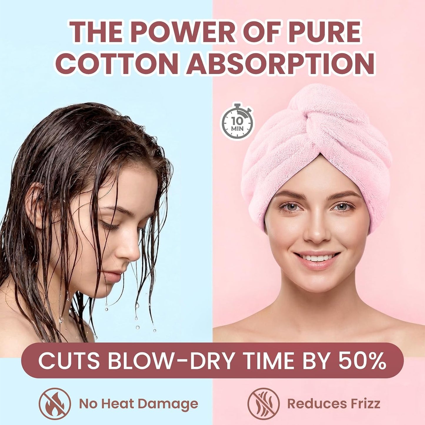 Mandydov 100% Cotton Hair Towel Wrap for Women, 2 Pack Thickened & Super Absorbent Turbans, Anti Frizz Quick Dry Hair Towels (Blue, Pink Blush)