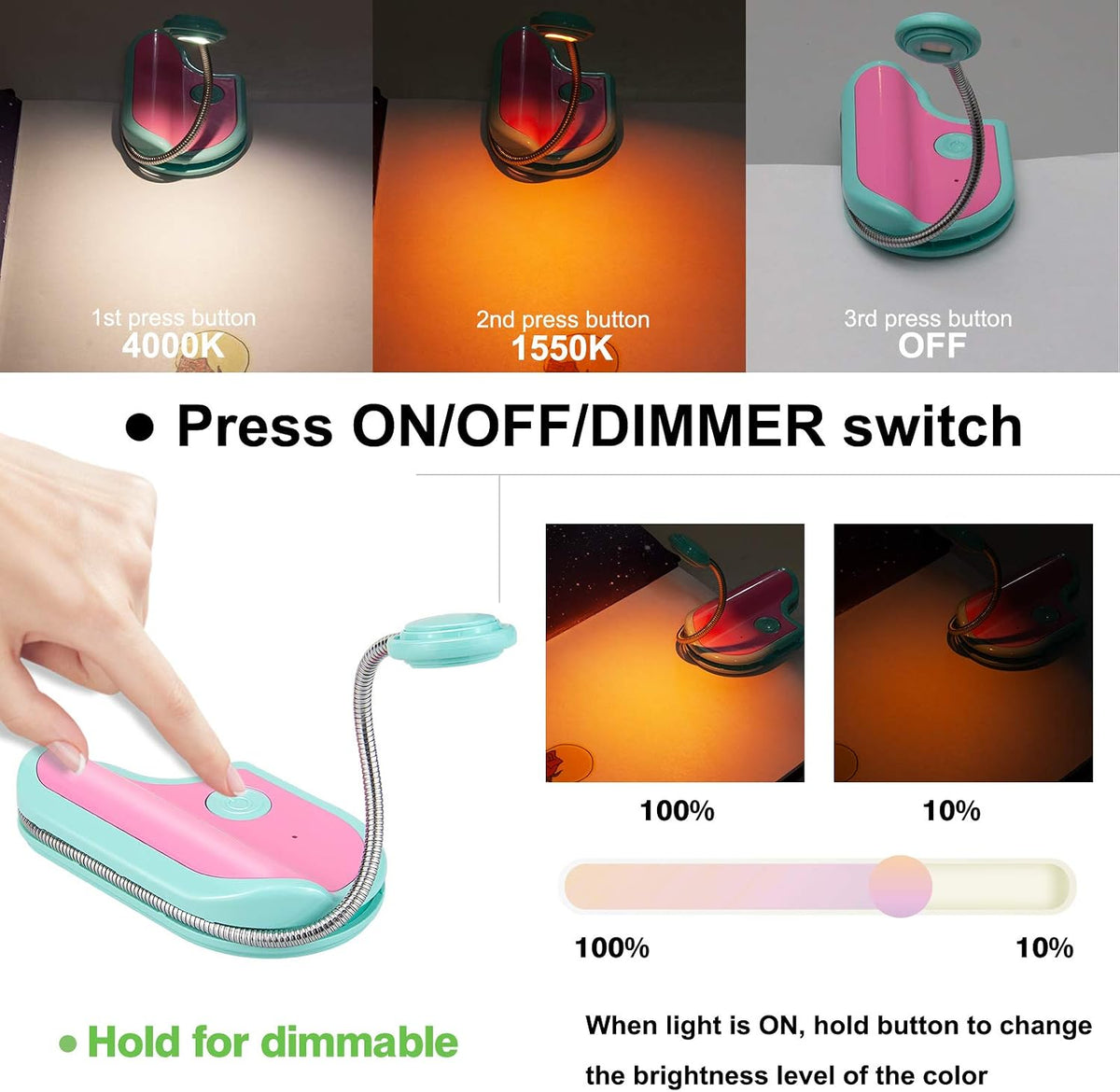 BIGMONAT Rechargeable Reading Light for Kids,Small Amber Book Light,Multi Colors Portable LED Reading Lamp with 361° Rotary Light Neck,Wireless Clip Reading Light for Books (White)