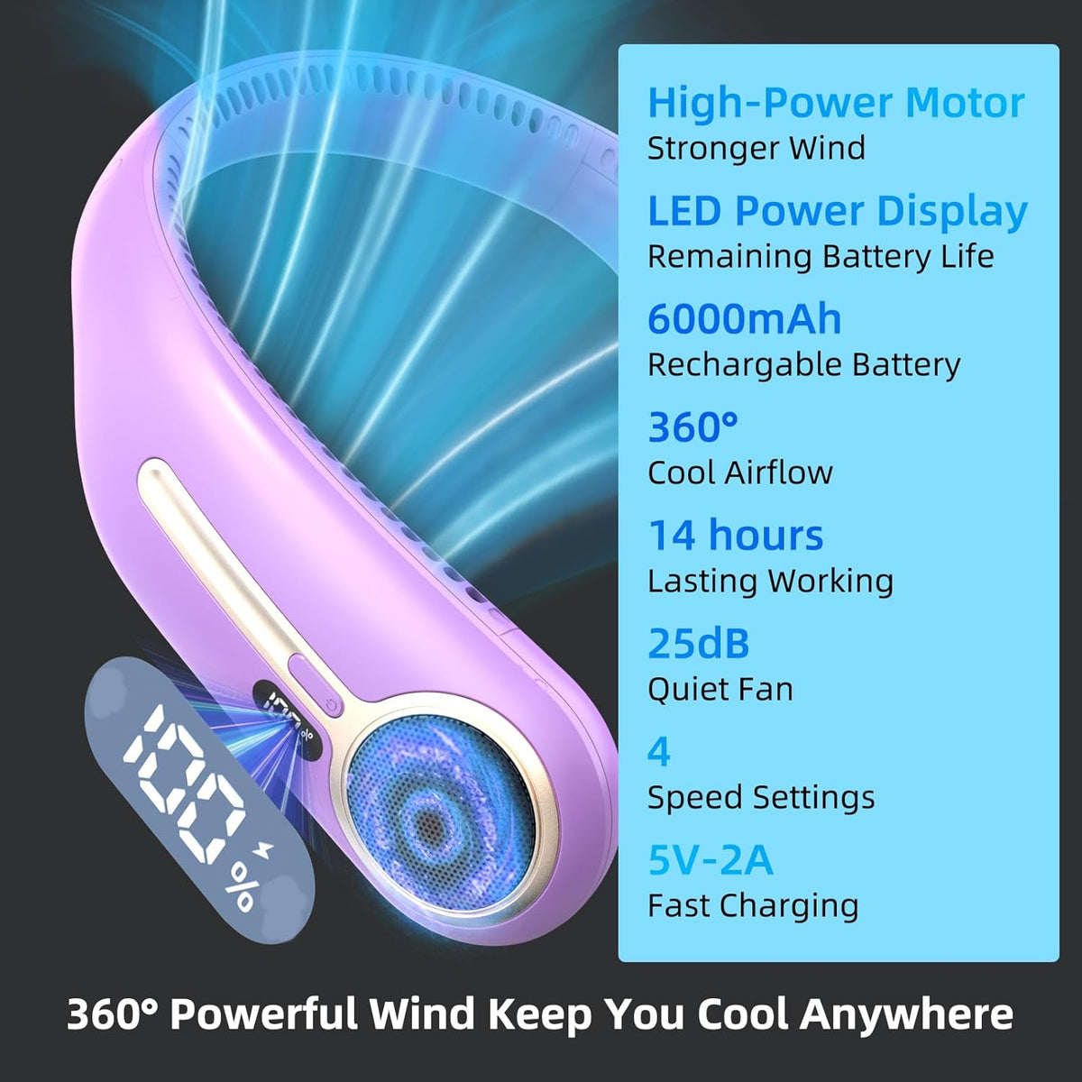 Portable Neck Fan, Personal Wearable Bladeless Fan, 6000mAh USB Rechargeable, 360° Airflow, LED Display, 4-Speeds, Hands Free Fan for Outdoor Indoor, Birthday Gifts for Men Women Dad Mom (Black)