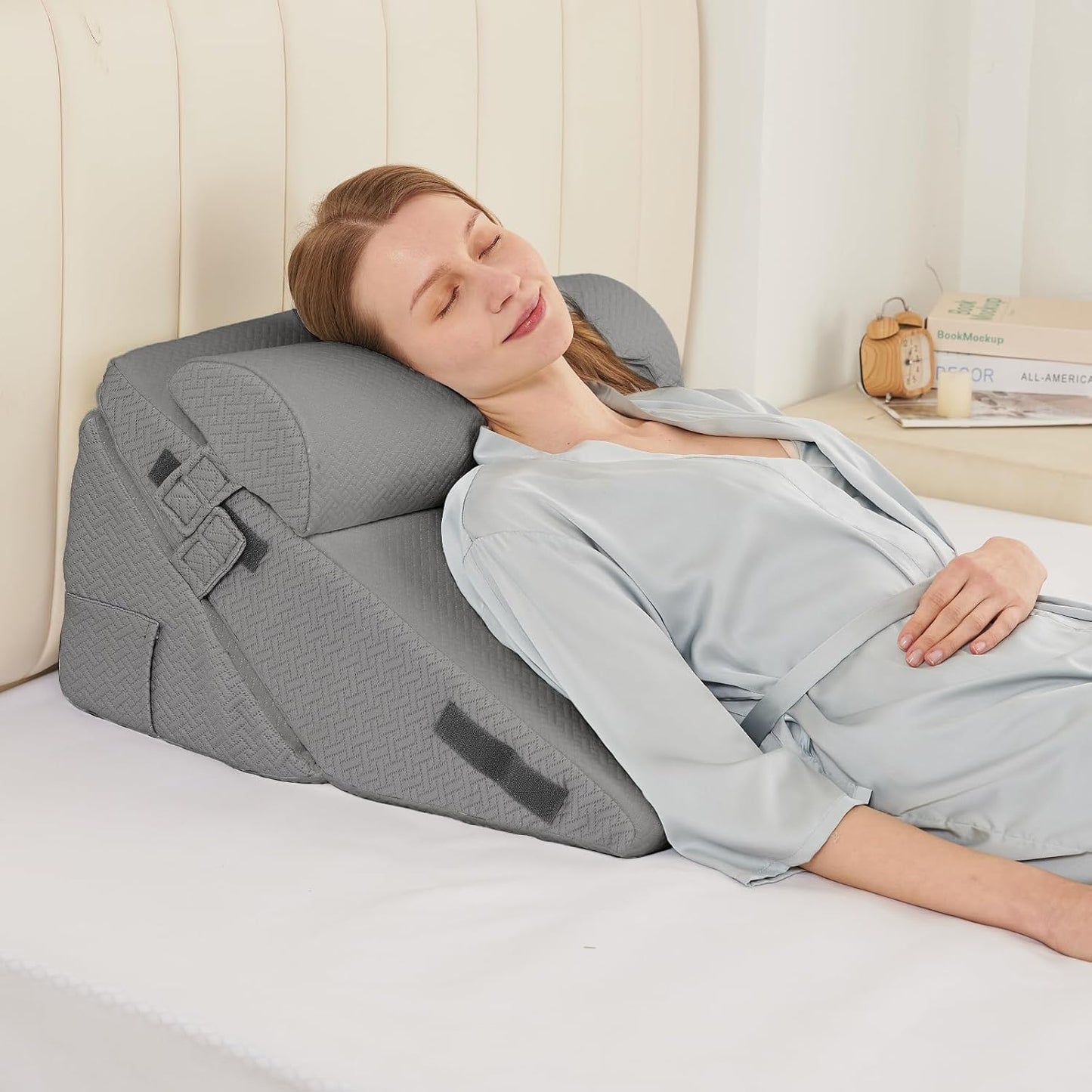 Sasttie Wedge Pillow Set for After Surgery, 2PCS Adjustable Bed Wedge Pillow Headboard with Memory Foam Neck Cushion – for Acid Reflux, Sleeping, Neck & Back Support, Dark Grey & White