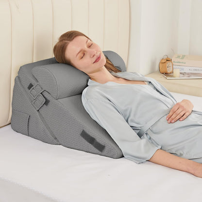 Sasttie Wedge Pillow Set for After Surgery, 2PCS Adjustable Bed Wedge Pillow Headboard with Memory Foam Neck Cushion – for Acid Reflux, Sleeping, Neck & Back Support, Dark Grey & White