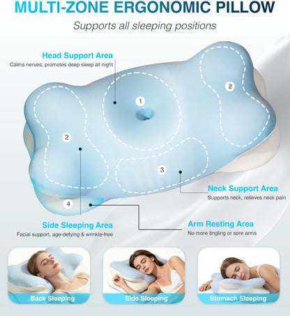 Ergo Pillow for Sleep Apnea, Cervical Neck Pillow for Neck Pain & Snoring Relief, Ergonomic Cooling Memory Foam Contour Bed Pillow, Orthopedic Neck Support for Side Back Stomach Night Sleepers