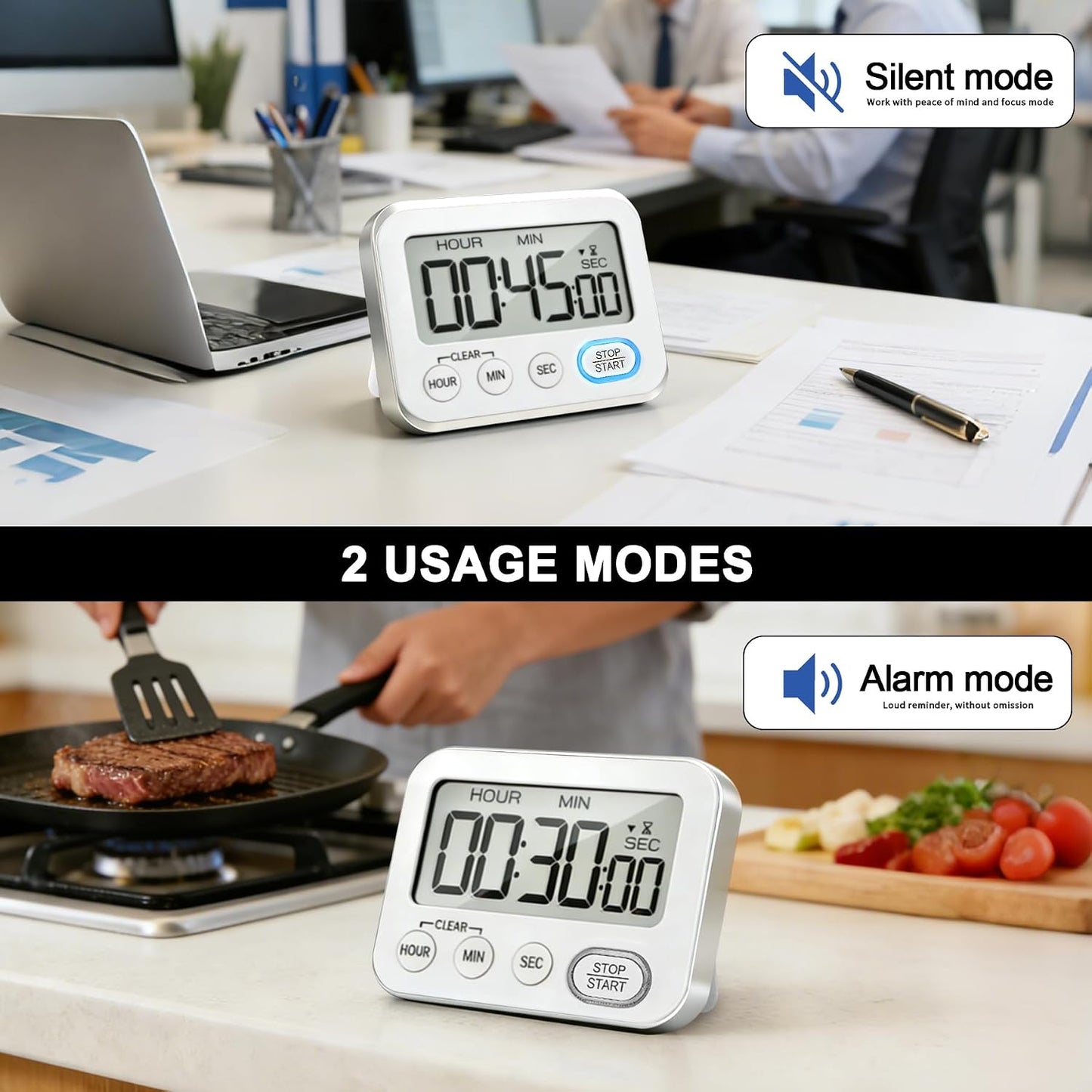 Digital Kitchen Timer Magnetic Loud Alarm, Large LCD Screen Silent/Beeping Multi-Function for Teachers Classroom Kids, Black