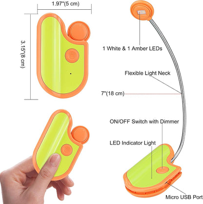 BIGMONAT Rechargeable Reading Light for Kids,Small Amber Book Light,Multi Colors Portable LED Reading Lamp with 361° Rotary Light Neck,Wireless Clip Reading Light for Books (White)