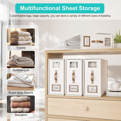 Bed Sheets Organizers And Storage,Sheets Set Folder Keeper with Handle,Foldable Bedding Storage Box For Linen Closet,Duvet Cover(King Size-3.7 Gal,Beige)