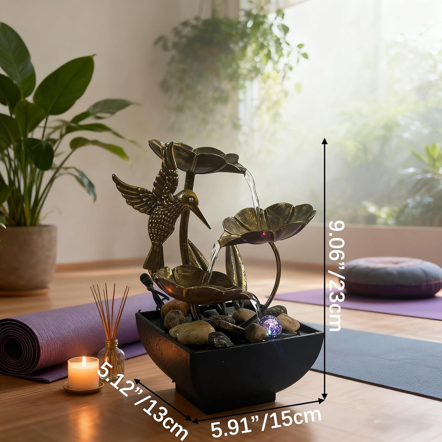 AOZITA Tabletop Fountain, Indoor Waterfall Fountain, Small Home Décor Zen Relaxation Soothing Sound Machine for Office, Living Room, or Bedroom,Blue Metal Lotus with Bud, River Rocks,Round LED