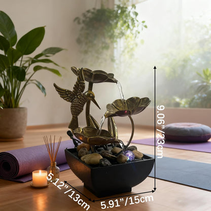 AOZITA Tabletop Fountain, Indoor Waterfall Fountain, Small Home Décor Zen Relaxation Soothing Sound Machine for Office, Living Room, or Bedroom,Blue Metal Lotus with Bud, River Rocks,Round LED