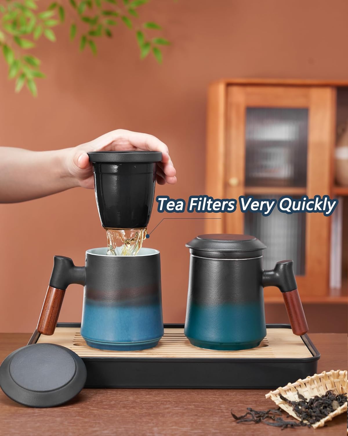 ZENS Embossed Ceramic Tea Mug with Infuser and Lid, 14.5 oz Wooden Handle, Loose Leaf Tea Steeper Cup & Strainer for Tea Lovers Gifts