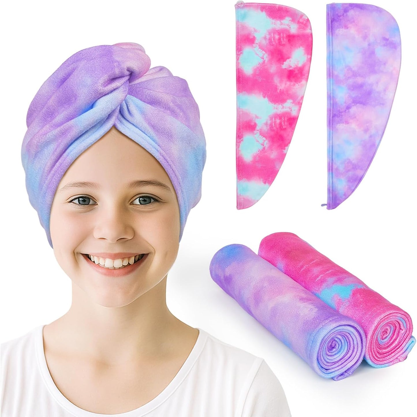 Unicorn Castle Microfiber Hair Towel for Kids 2Pack Hair Wrap Towels Absorbent Hair Drying Towel Wrap Hair Turbans for Curly Thick Hair, Pink White Strawberry