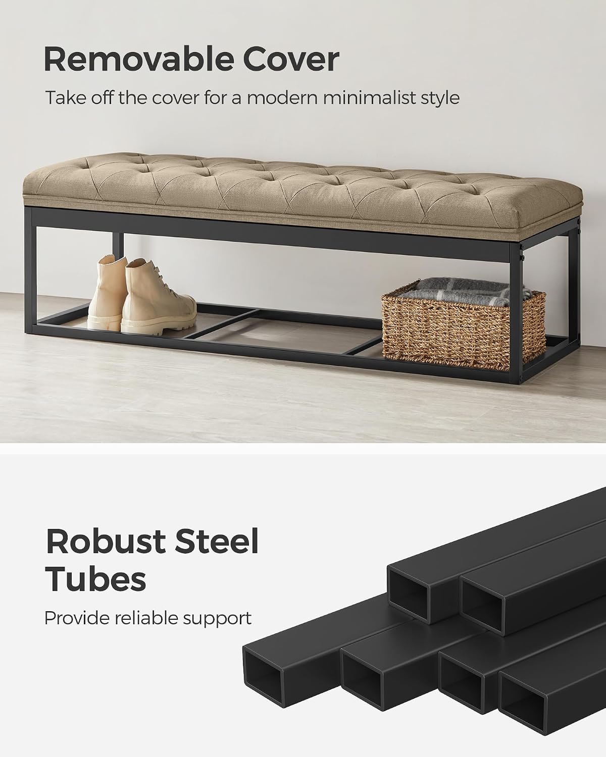 SONGMICS Storage Ottoman Bench, Foot Rest with Legs, 15.7 x 43.3 x 15.7 Inches, End of Bed Bench, Storage Chest, Load up to 660 lb, for Living Room, Bedroom, Entryway, Dark Gray ULSF088G01