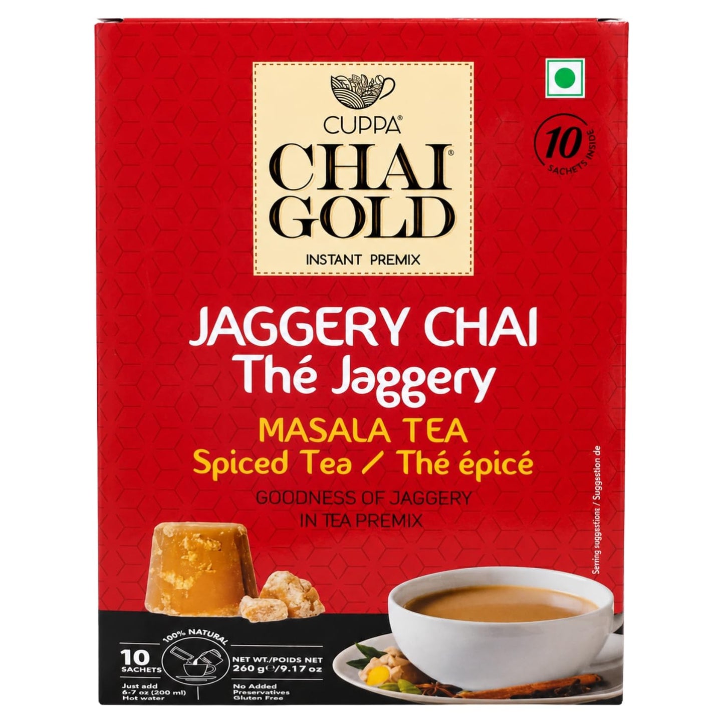 Chai Gold Instant Jaggery Chai Tea Premix Powder, Traditional Indian Milk Tea Latte Mix, Naturally Sweetened with Jaggery, Quick Preparation Hot Beverage, Low Caffeine, 10 count pack