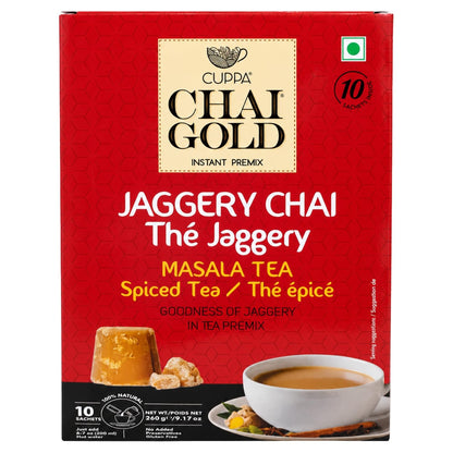 Chai Gold Instant Jaggery Chai Tea Premix Powder, Traditional Indian Milk Tea Latte Mix, Naturally Sweetened with Jaggery, Quick Preparation Hot Beverage, Low Caffeine, 10 count pack