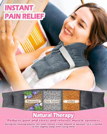 Long Heating Pad for Neck and Shoulders and Back Weighted Microwavable Moist Heated Neck Wrap Hot Pack Microwave Heatable Bag Warm Compress Reusable with Handles 33.5"*5.9" Unscented Grey