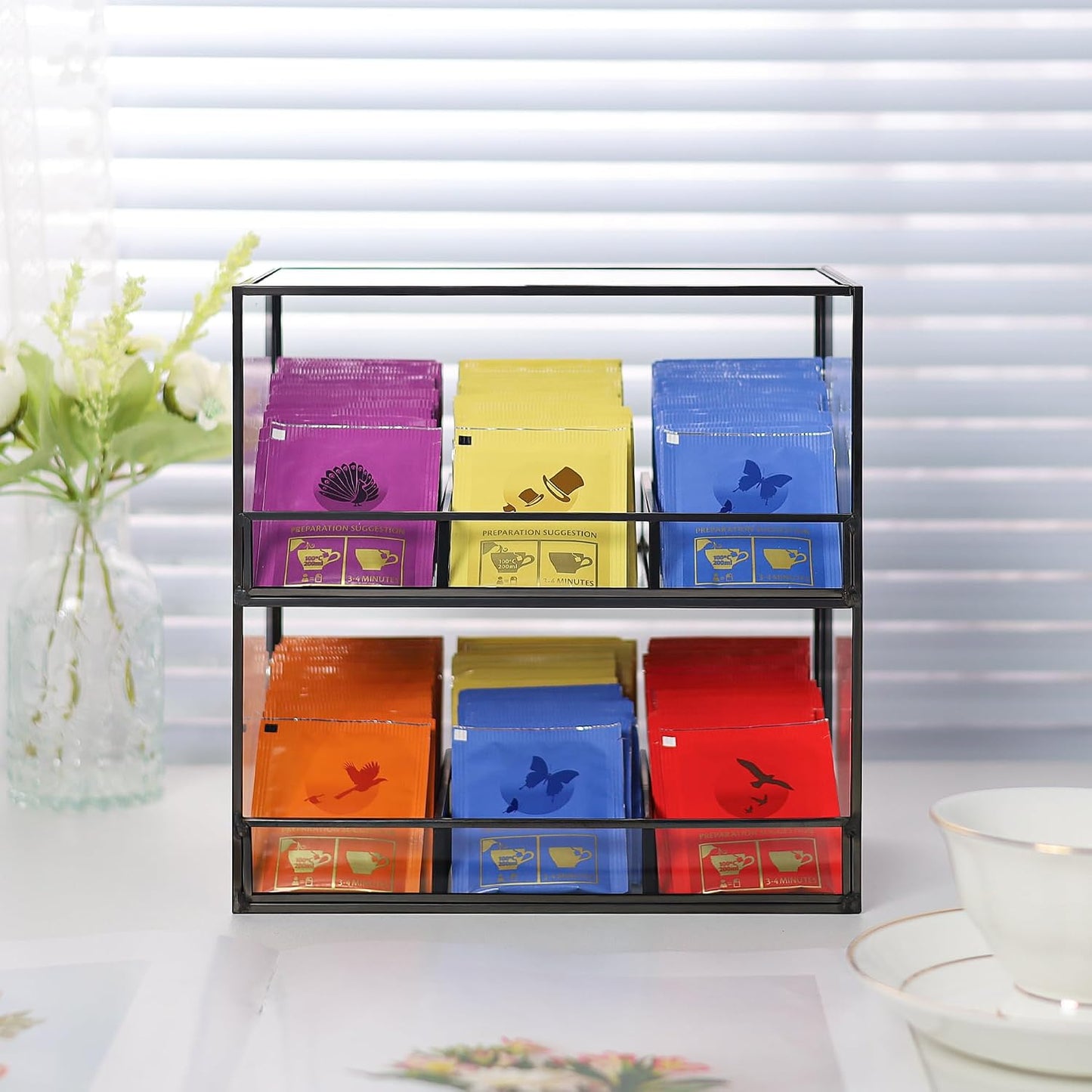REDHUGO Glass Tea Bag Organizer for Counter, 2-Tier Teabag Organizer Storage Holder for Tea Bags, Glass Caddy Box Containers, Rack Teabag Station Stand for Cabinet Kitchen, 2-Tier, Gold