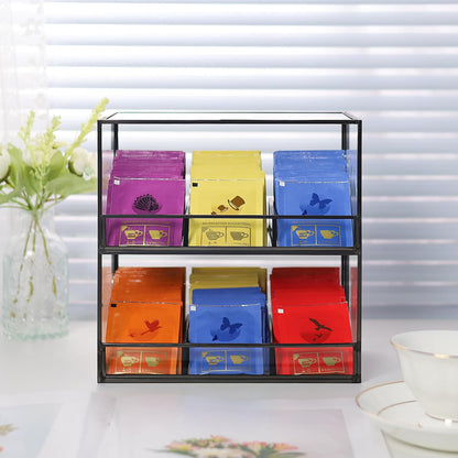 REDHUGO Glass Tea Bag Organizer for Counter, 2-Tier Teabag Organizer Storage Holder for Tea Bags, Glass Caddy Box Containers, Rack Teabag Station Stand for Cabinet Kitchen, 2-Tier, Gold
