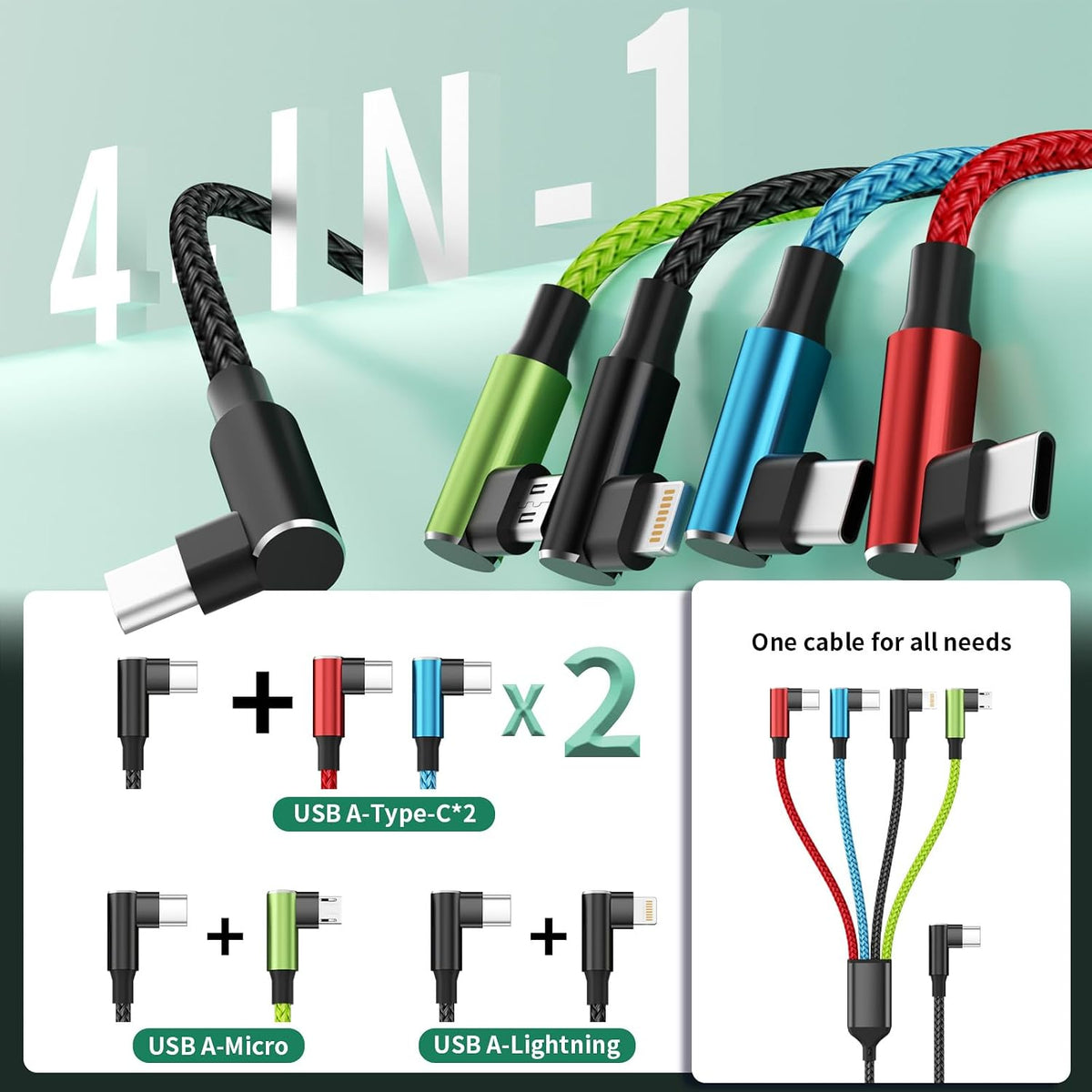 4 in 1 Multi Charging Cable, 5FT Charging Cords for Multiple Devices