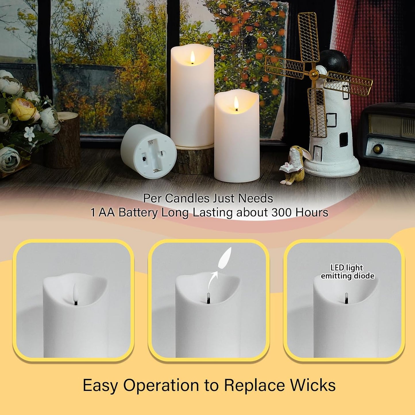 Nimiko Flameless Candles with Remote, Battery Operated Flickering Flameless Candles, LED Candles with Timer 2/4/6/8H, with Realistic LED Candles Set of 9 (D3 x H 3" 4" 5" 6" 7") (Ivory)
