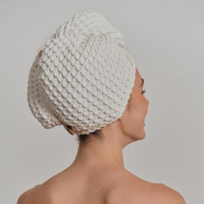 Luxury Organic Japanese Cotton Hair Drying Waffle Towel Wrap for Women | Absorbent, Quick-Dry Head Turban for Shower, Sauna, Spa | Extra Large for Long, Curly, Straight Hair With Button (White, 1 Pc)