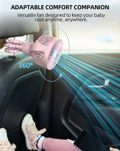 Portable Stroller Mini Fan, Small Rechargeable Personal Fan, Baby Travel Essentials for Wagon, Car Seat, Treadmill, Battery Powered Biking Gear Accessories, 360° Rotation, 3-Speed, Display, Black