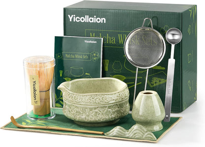 Matcha Whisk Set, Matcha Kit 9-Pcs, Bamboo Whisk and Ceramic Bowl with Spout & Measuring Spoon & Cup, Japanese Ceremony Matcha Tea Making Tools, Ideal Gift for Tea lover