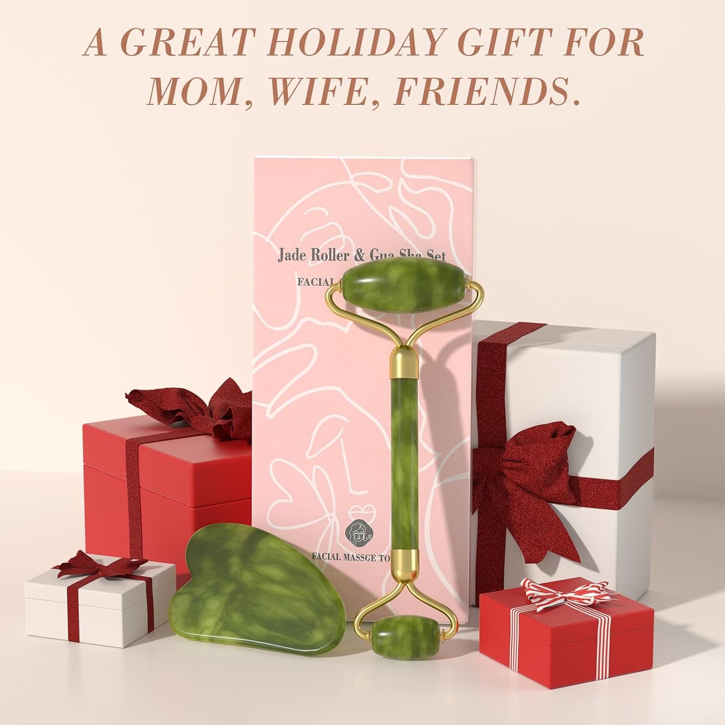 Natural Gua Sha & Jade Roller Set, Gua Sha Tool for Face & Body, Anti-Swelling Skin Tightening Home SPA Tool, Muscle Relief Safe Polished Jade, Self-Care Gift Set for Home Travel