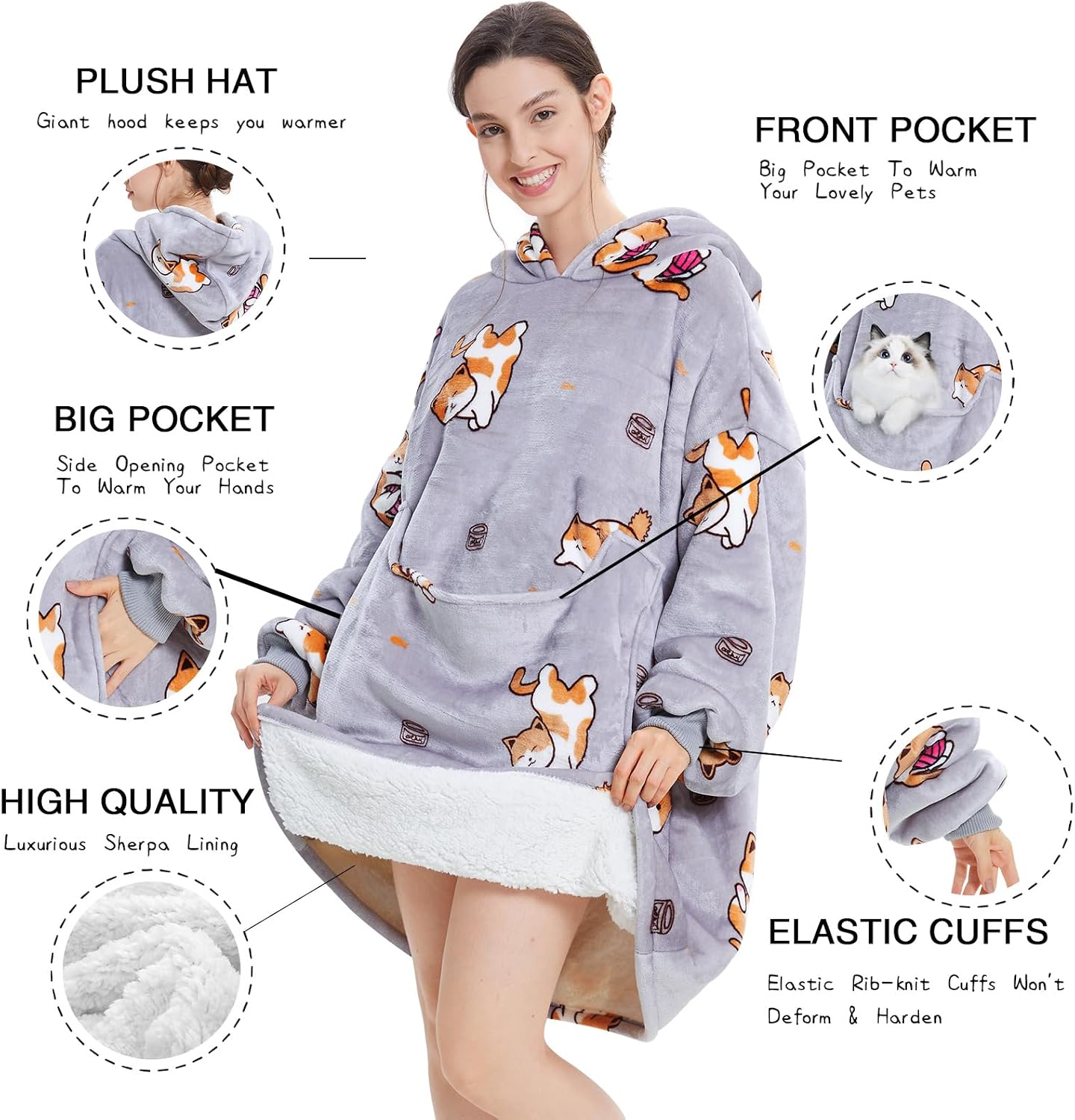Aemilas Wearable Blanket Hoodie - Warm Sherpa Blanket Sweatshirt as Gifts for Adult Women Mom Men, One Size Fits All