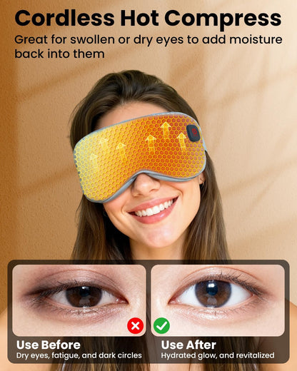 Cordless Heated Eye Mask with 1500mAh Large Battery, 4 Heat Levels & 100% Blackout for Dry Eyes Relief, Fast Heating Eye Heating Pad with 2 Washable Covers for Sleep, Travel, MGD, Blepharitis
