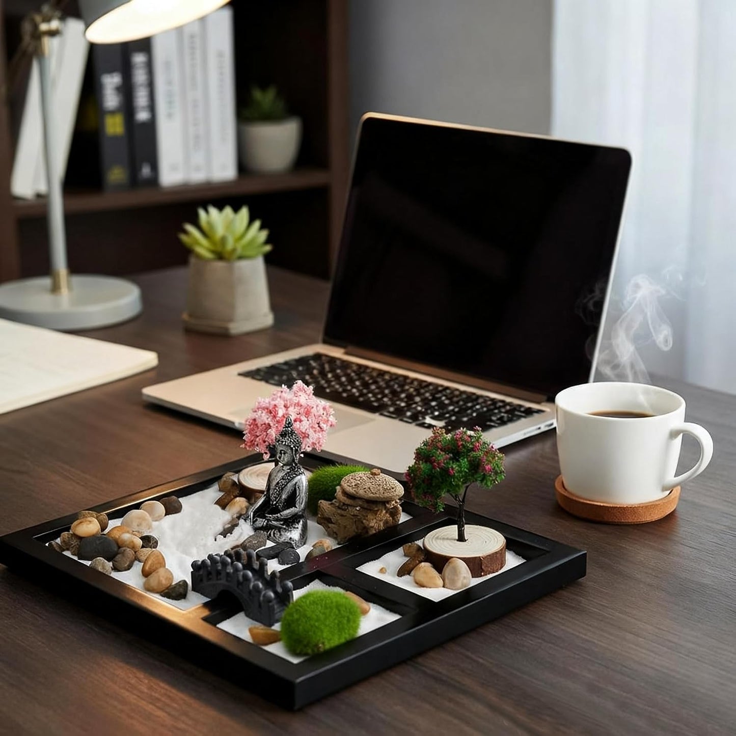 Hiceeden Zen Garden Kit for Desk, 8.5×7 Inches Japanese Mini Zen Garden Accessories, Sand Tray Therapy Kit Meditation Gift for Home Office Desk Decor