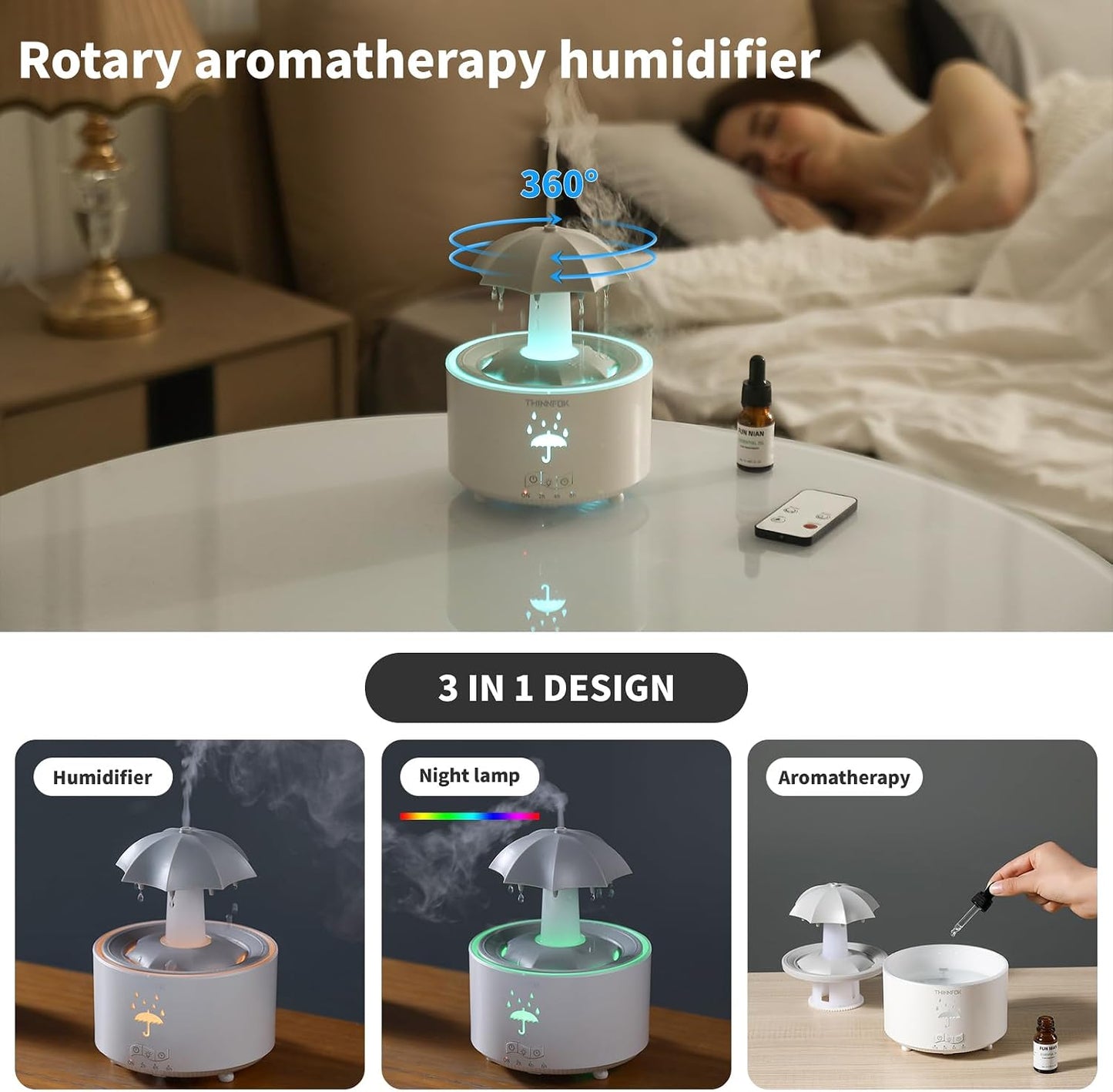 Humidifiers for Bedroom,Aromatherapy Essential Oils Diffuser | 7 Colors Breathing LED Light,Rotating Umbrella Rain Drops,12 hours of Continuous Mist, Ideal Holiday Gifts for Home Office