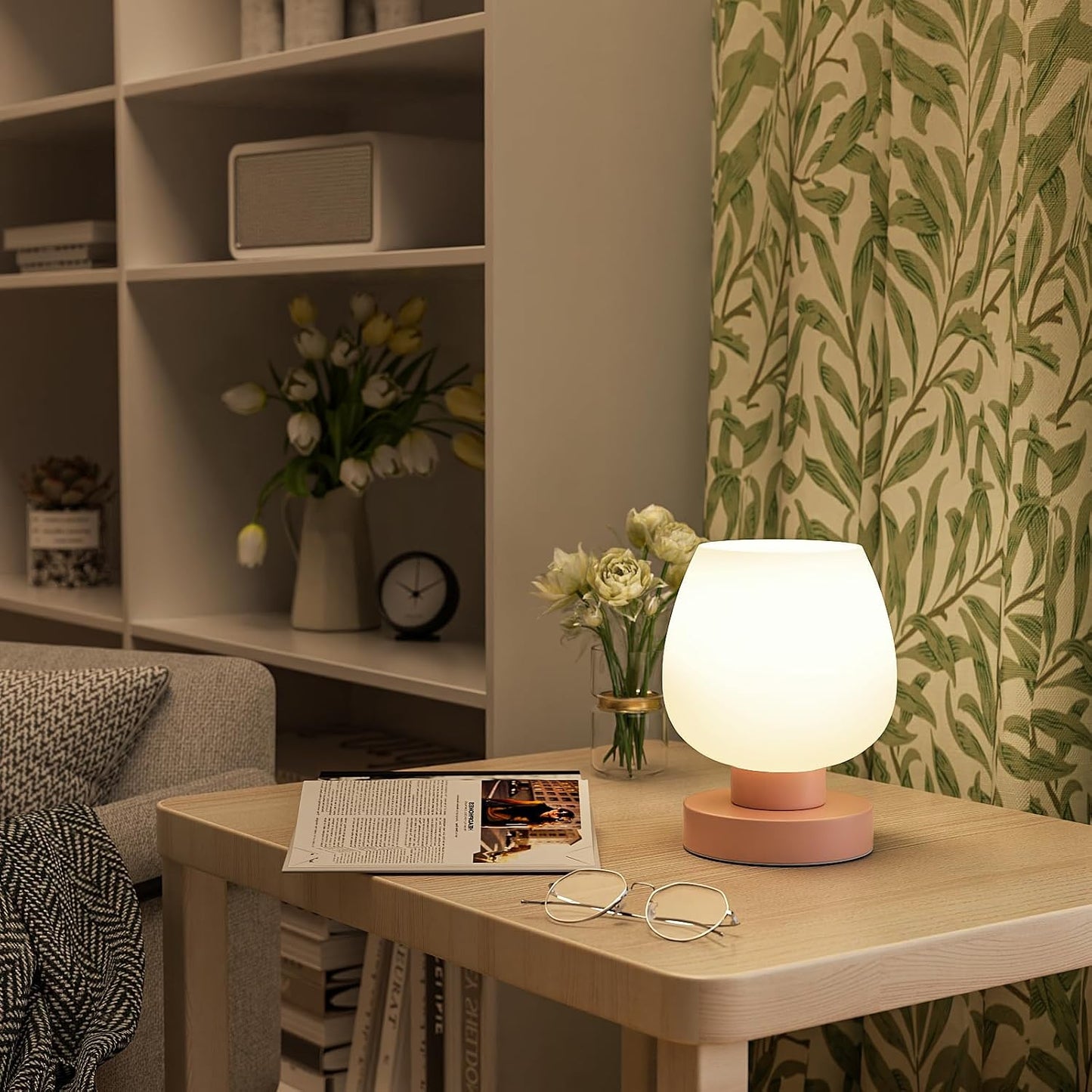 Seealle Touch Table Lamp for Nightstand - Small Bedside Lamp for Bedroom Living Room Night Stands, Desk Lamp with White Glass Shade for Small Spaces, 3 Way Dimmable, LED Bulbs, Gifts